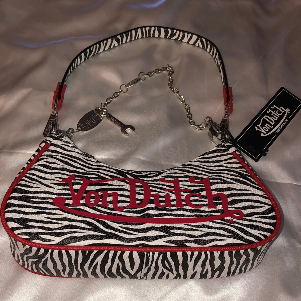Von Dutch Zebra Print Shoulder Bag Red Trim & Logo Silver Chain + Wrench NWT - Picture 5 of 16